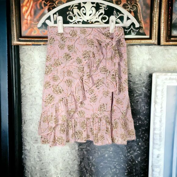 Pink Floral Ruffle Wrap Skirt Tie Waist - Picture 1 of 5